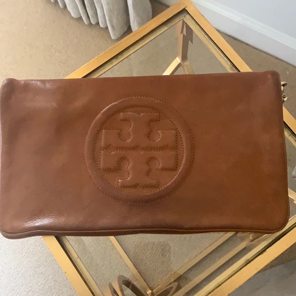 Tory Burch clutch - tan leather with gold chain